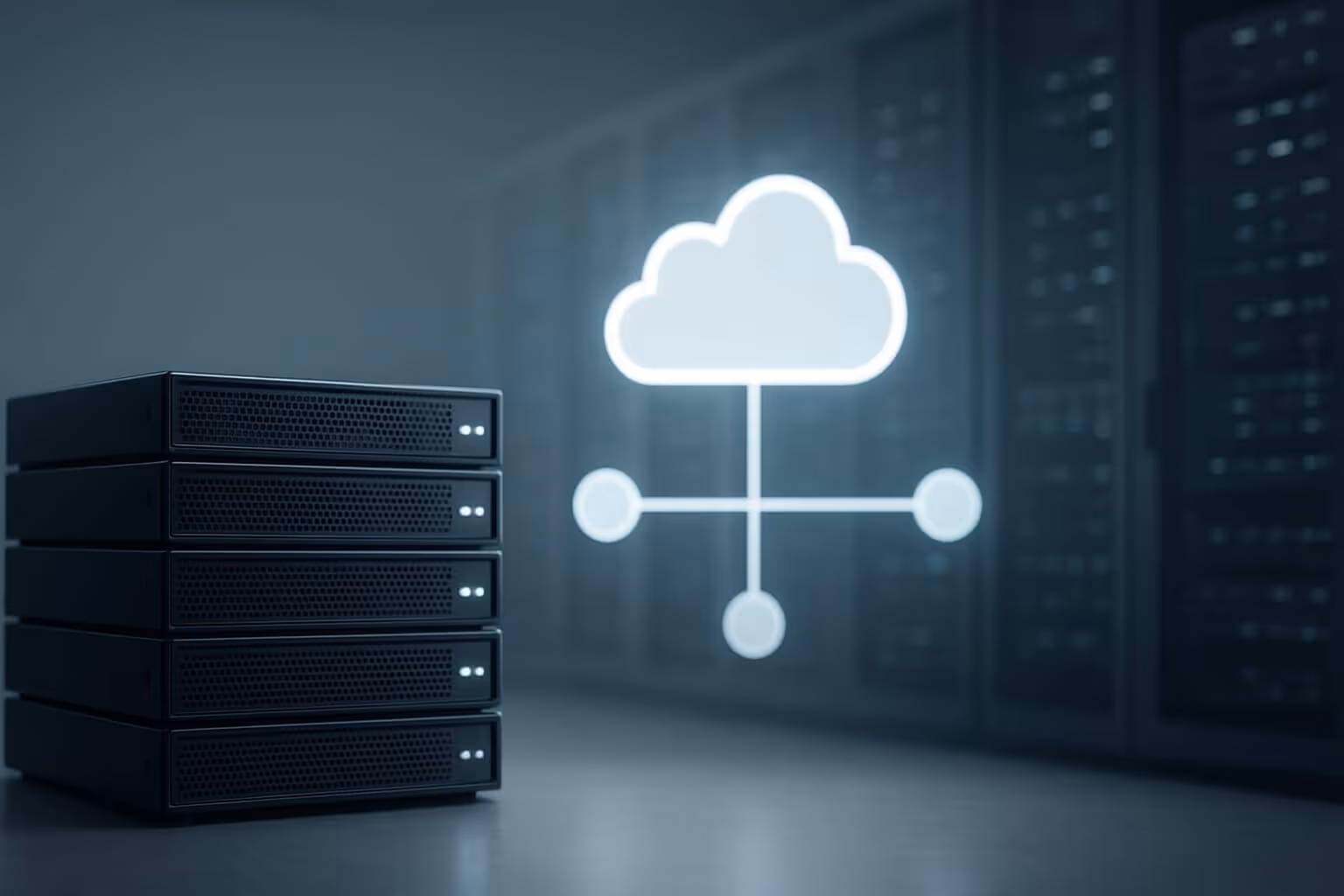 A stack of four black server units sits on a table beside a glowing cloud and network diagram icon.