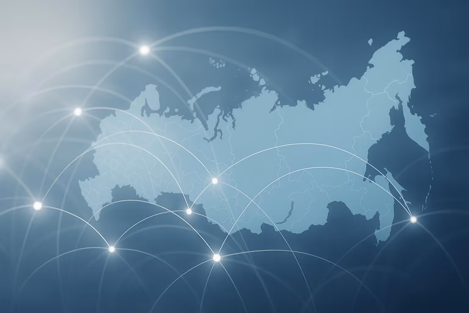 A blue map with multiple glowing white points connected by curved lines across the depicted region.