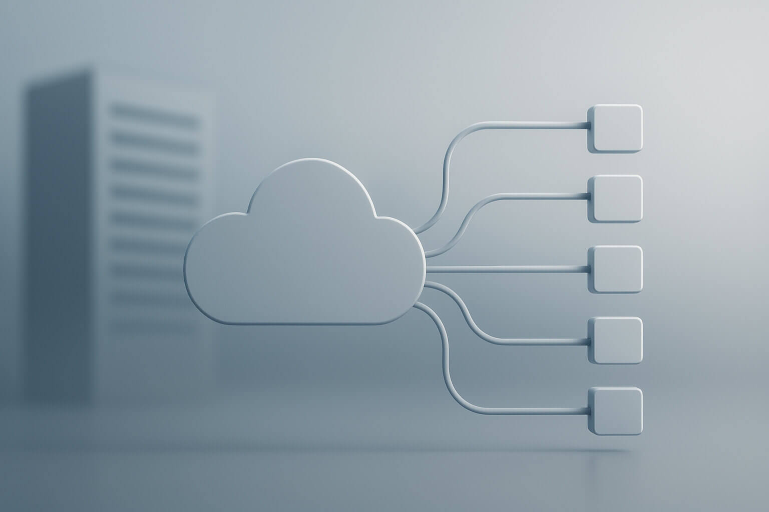 A stylized cloud shape is connected by lines to five square nodes, with a blurred rectangular building in the background.