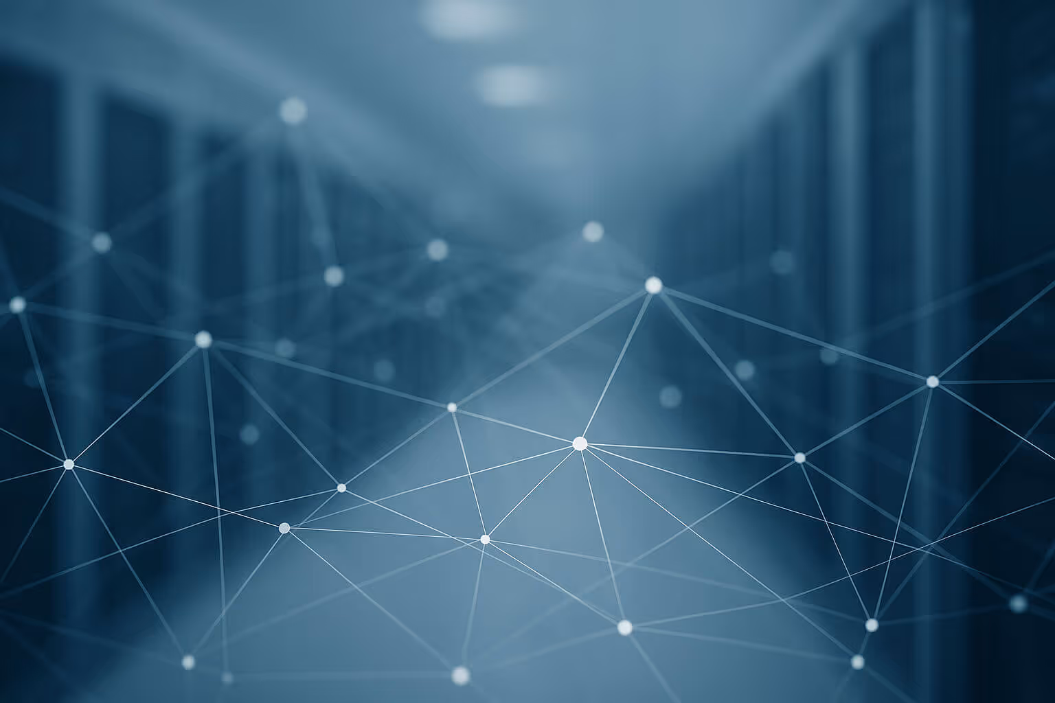 Blurred rows of server racks with an overlay of intersecting lines and dots forming a network pattern.