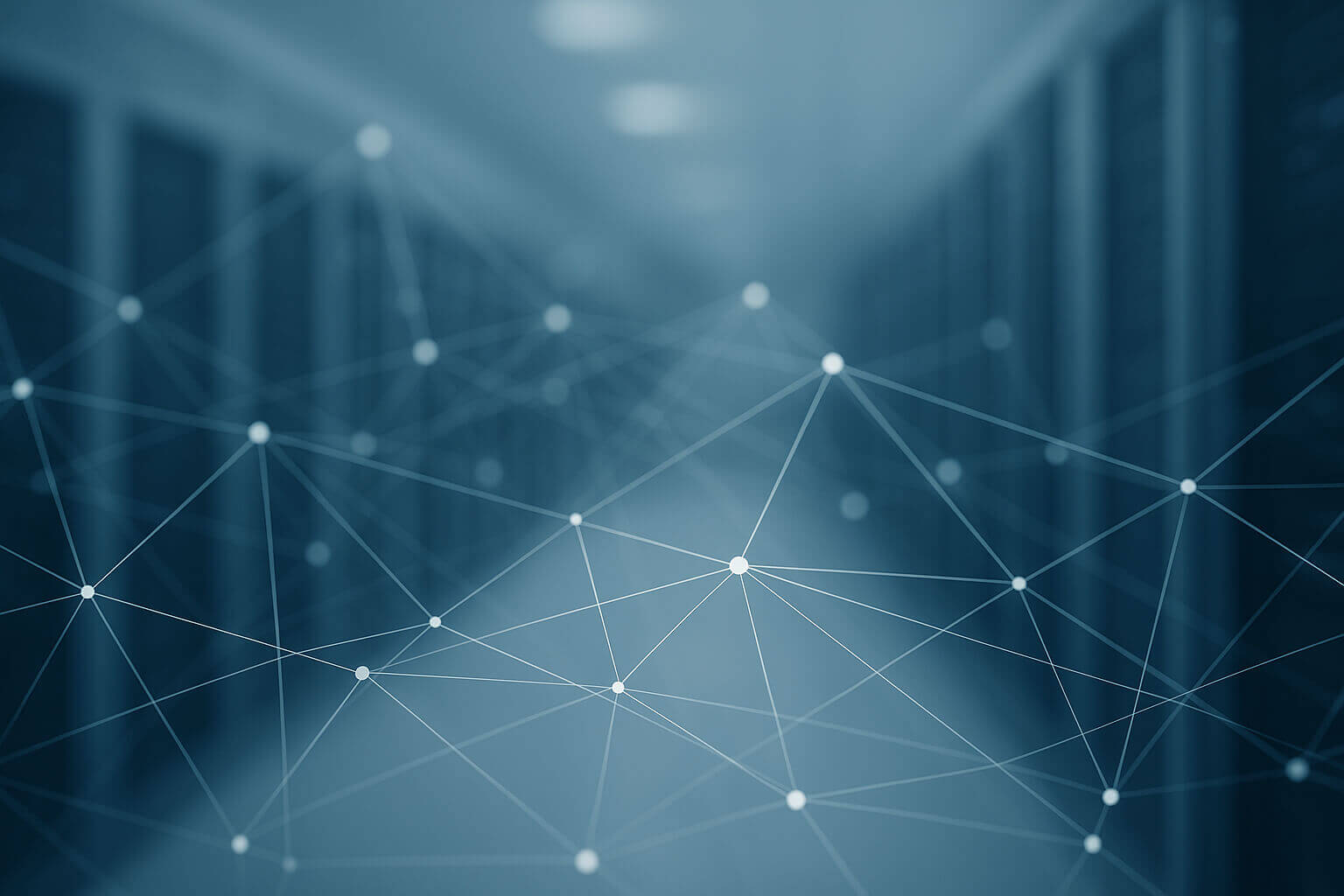 Blurred rows of server racks with an overlay of intersecting lines and dots forming a network pattern.