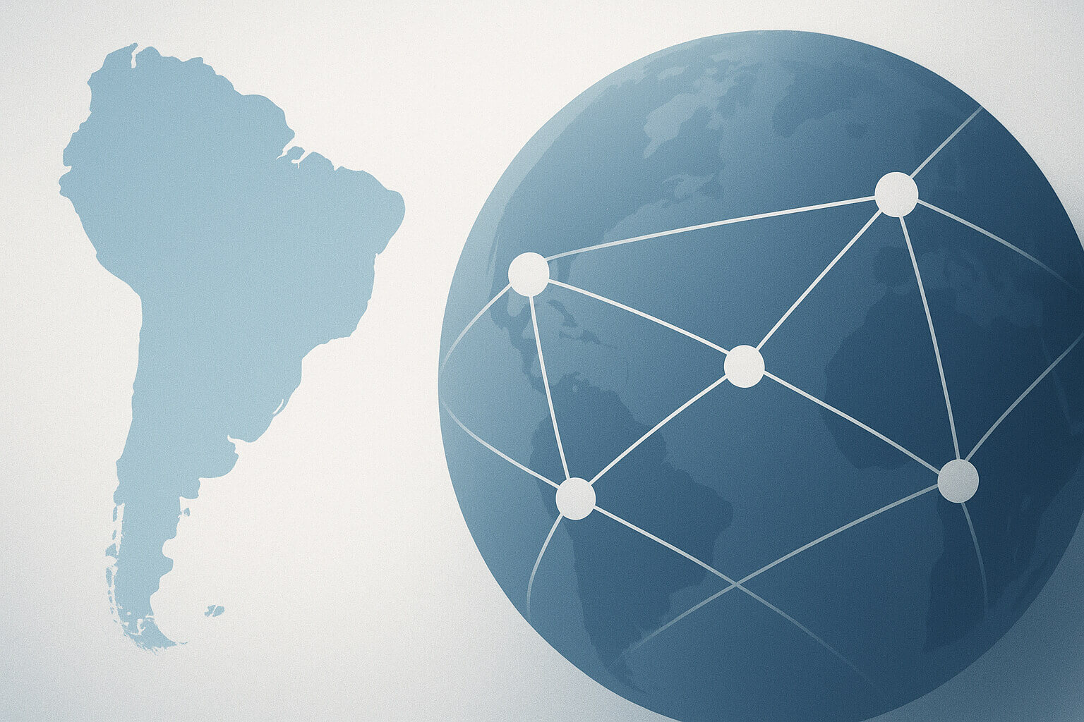 A simplified map of South America beside a globe with network lines and connected nodes.