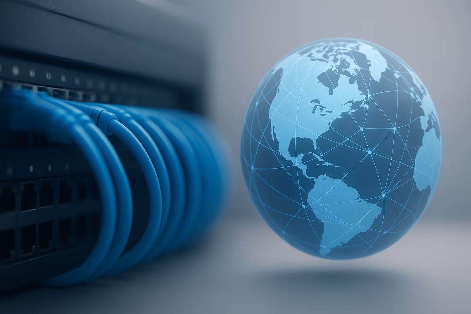 Several blue network cables are plugged into a switch next to a digital globe with connecting lines.