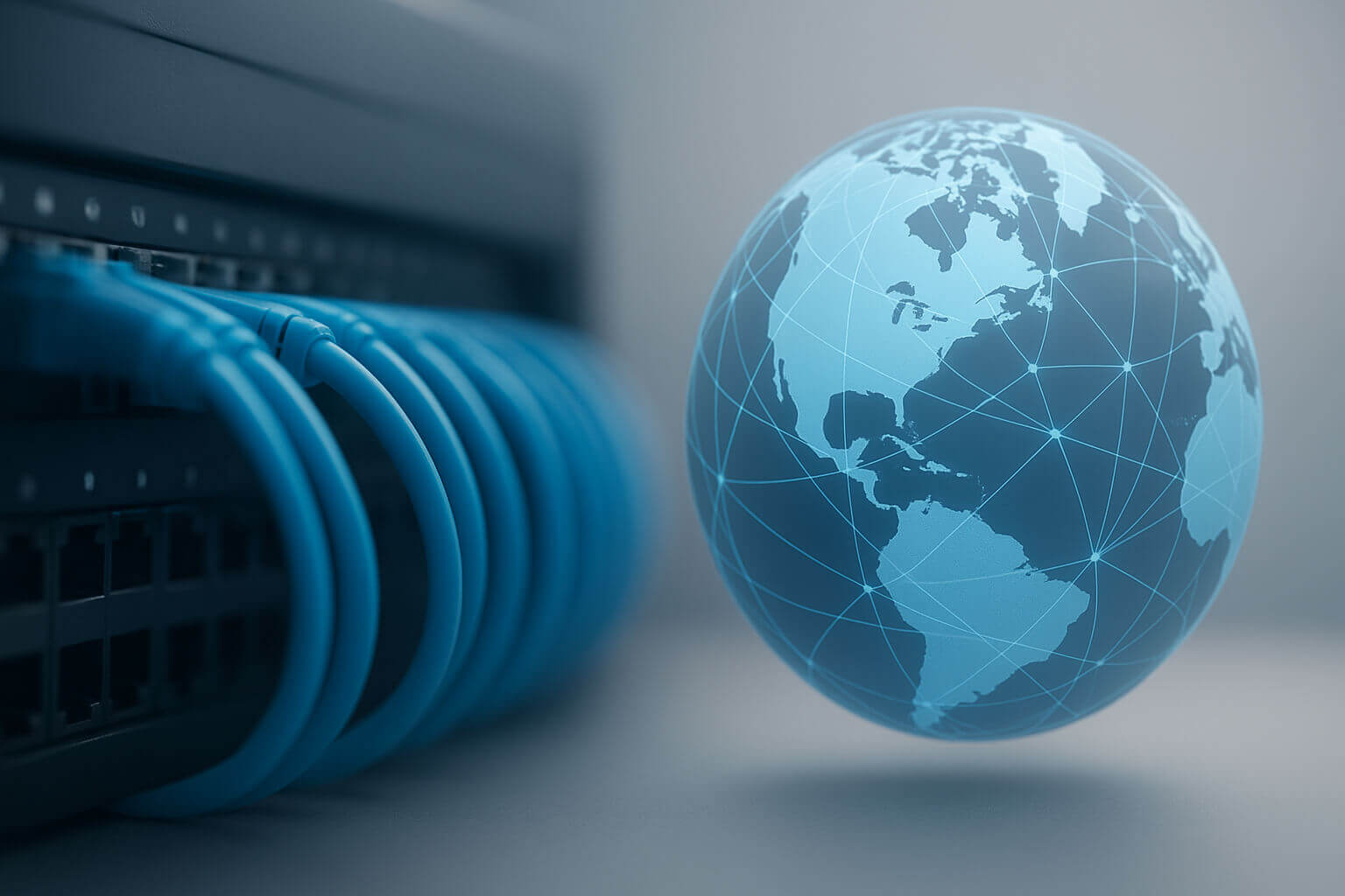 Several blue network cables are plugged into a switch next to a digital globe with connecting lines.