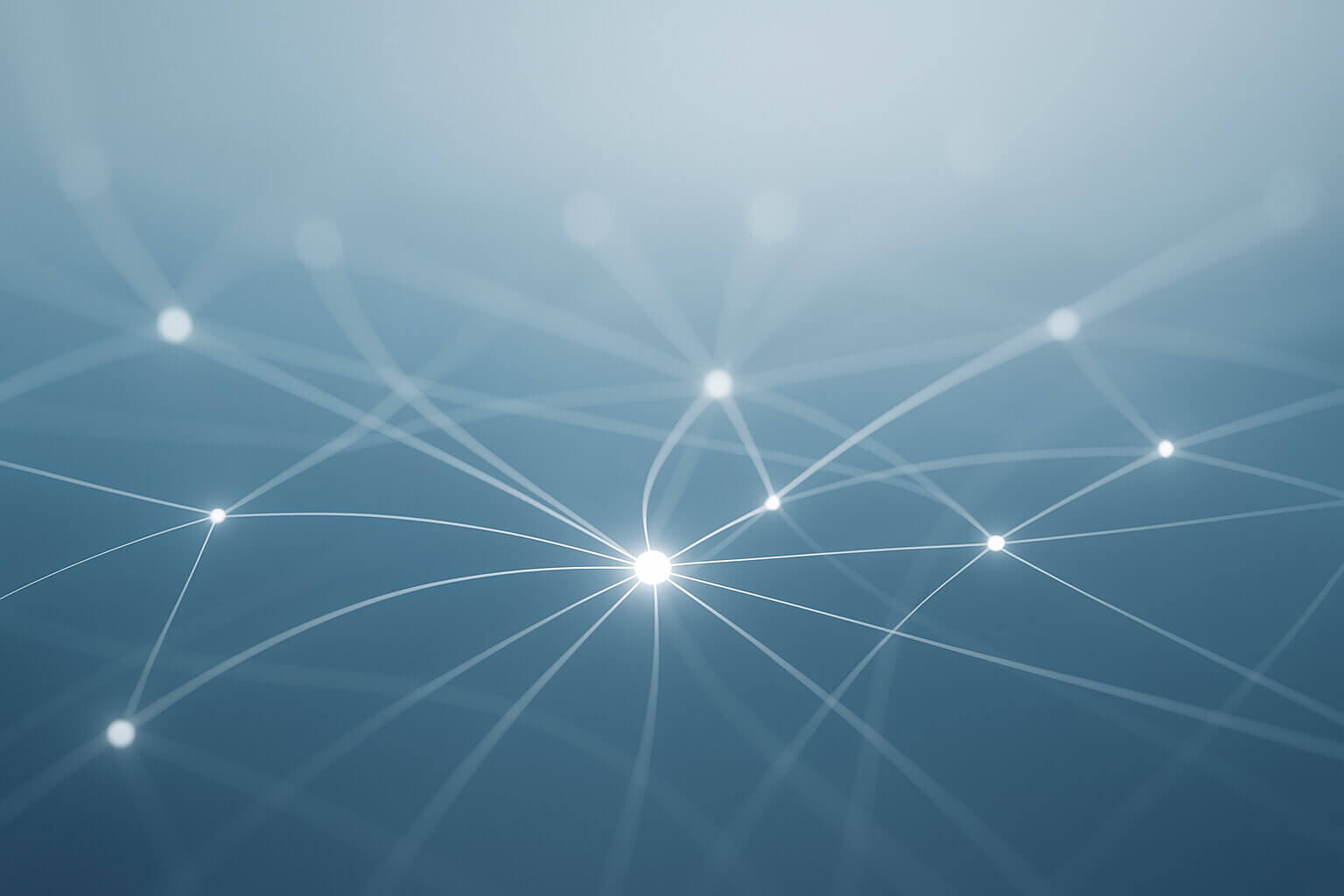 Glowing white points are connected by thin lines on a blue gradient background, forming an abstract network pattern.