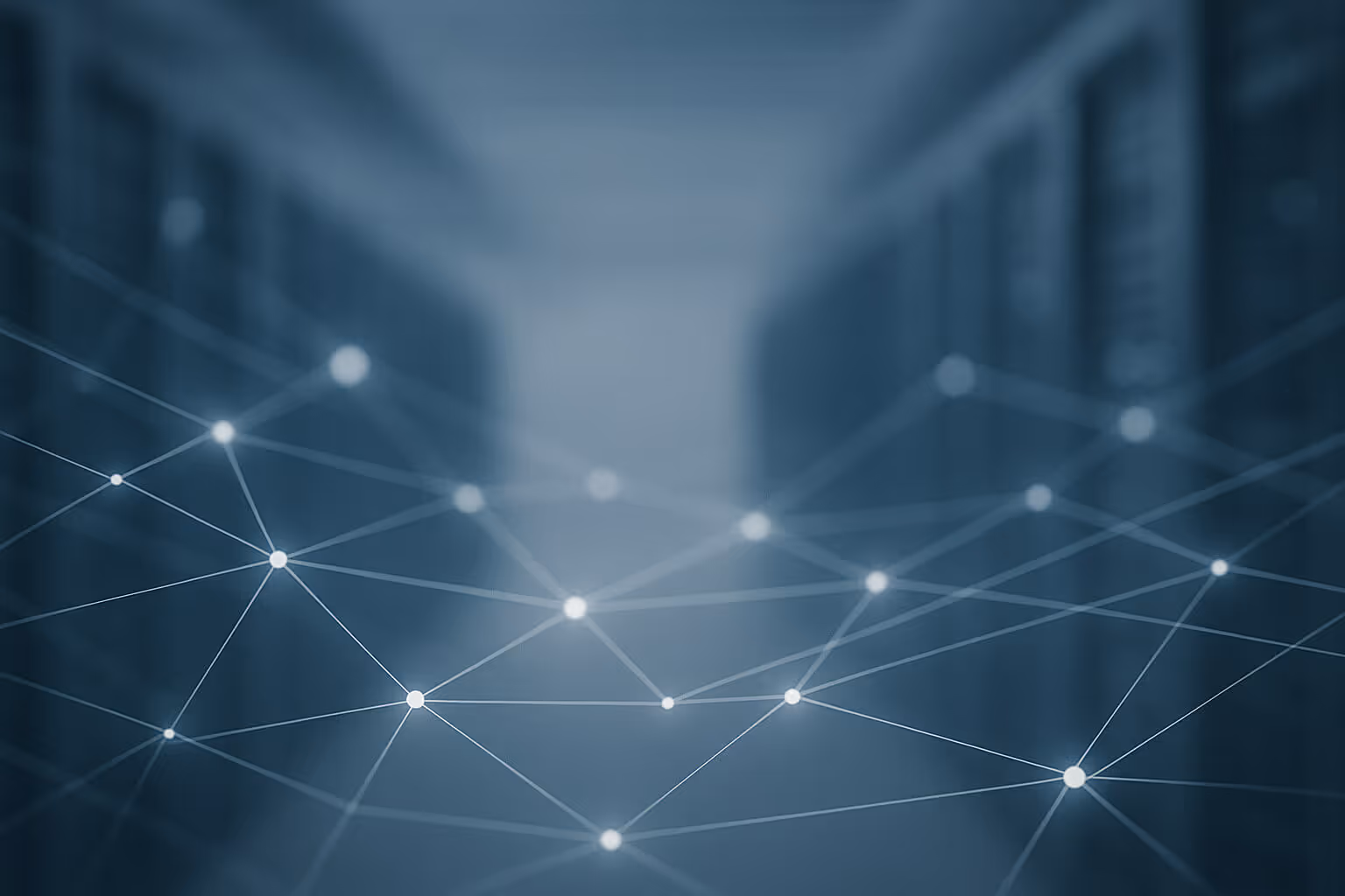 Blurred rows of server racks in the background with a network of glowing connected lines and dots in the foreground.