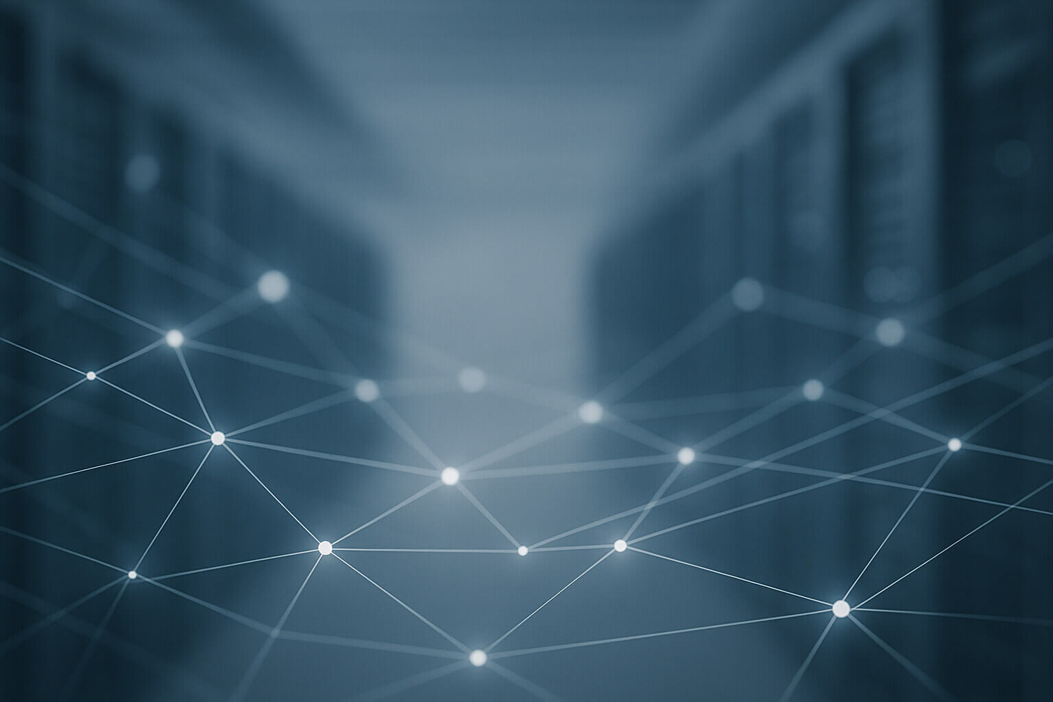Blurred rows of server racks in the background with a network of glowing connected lines and dots in the foreground.