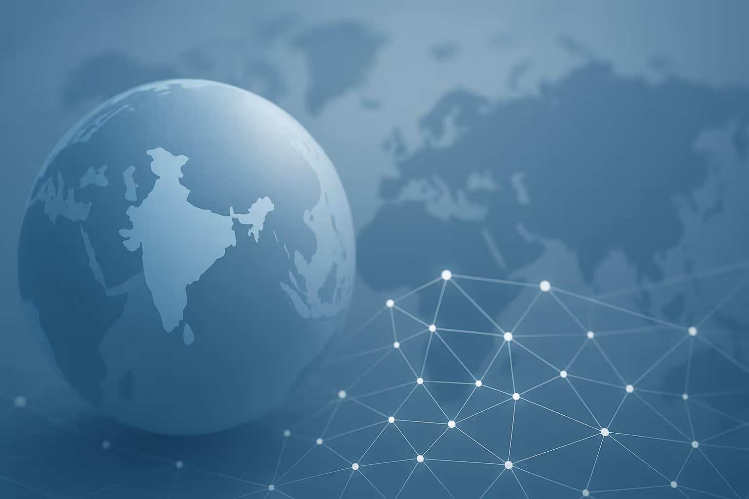 A translucent globe showing the Indian subcontinent is overlaid on a blurred map and a network of connected dots.
