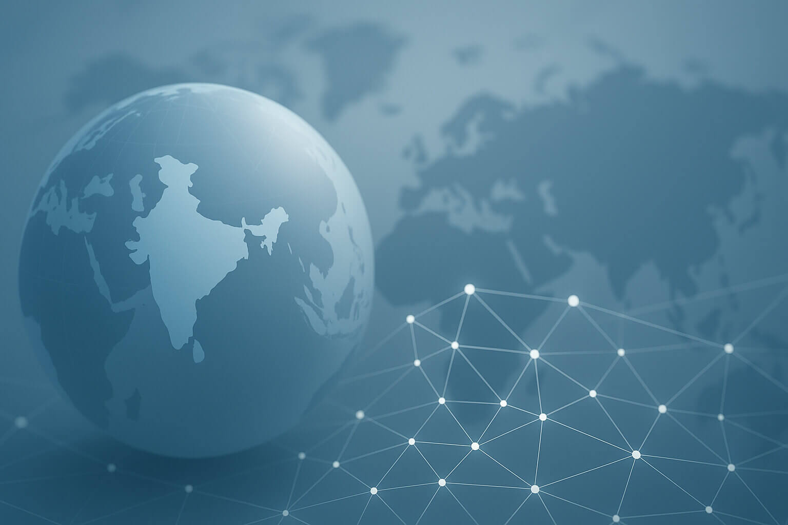 A translucent globe showing the Indian subcontinent is overlaid on a blurred map and a network of connected dots.