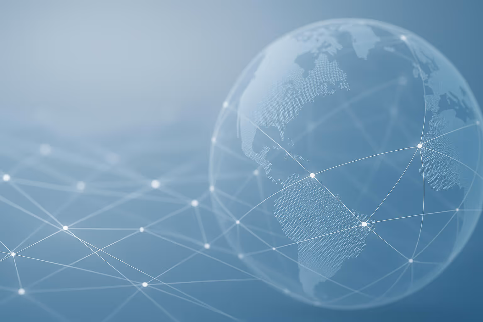 A translucent digital globe with network lines and connection points over a blue gradient background.