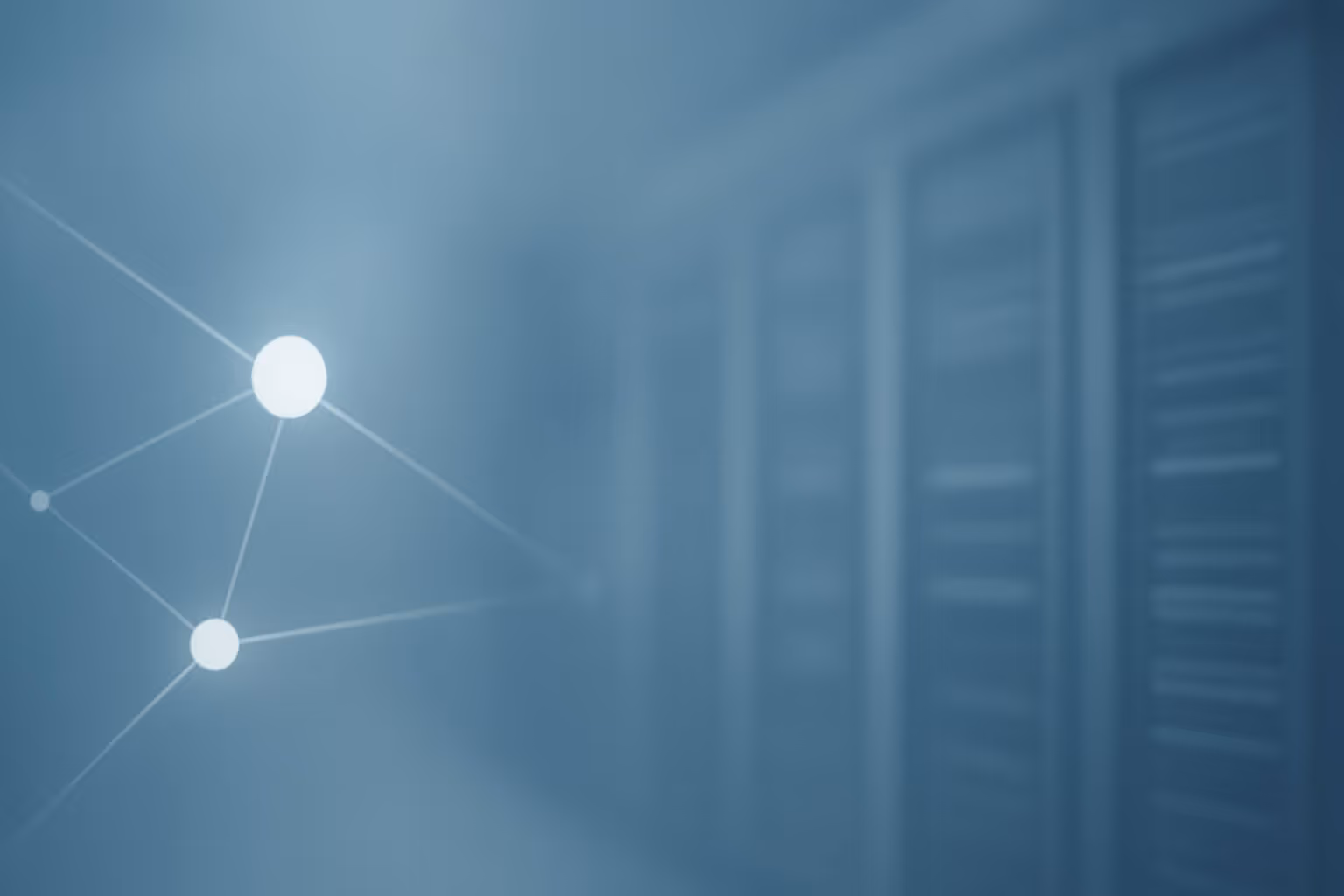 A hazy blue background with three glowing connected dots and faint vertical shapes on the right.