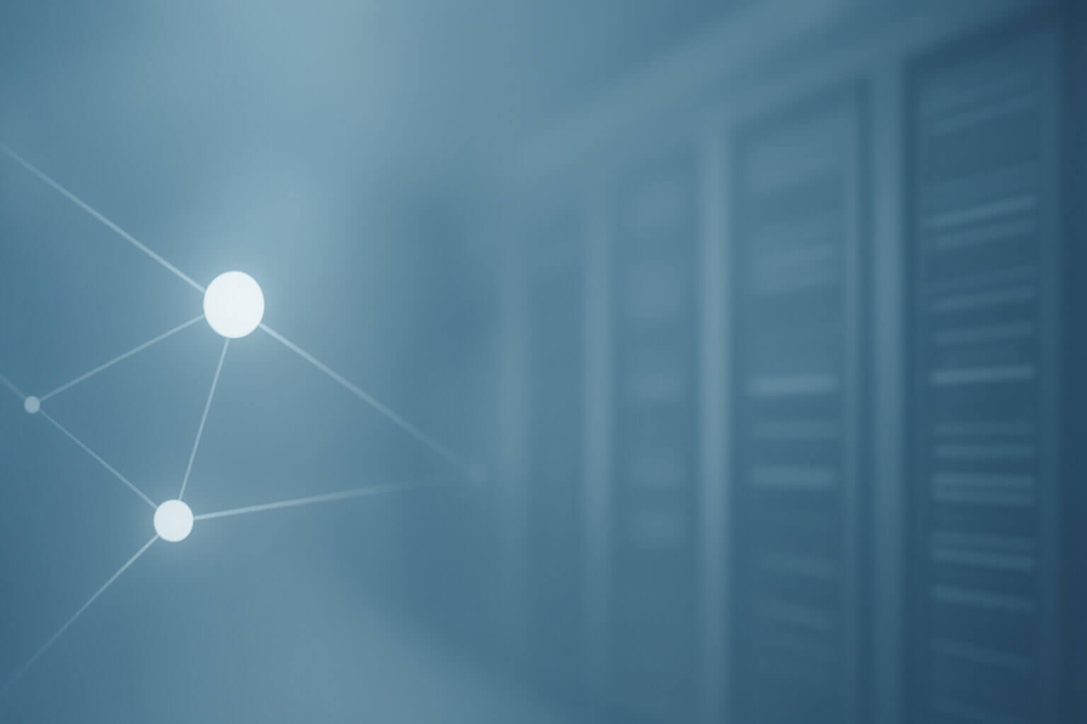 A hazy blue background with three glowing connected dots and faint vertical shapes on the right.