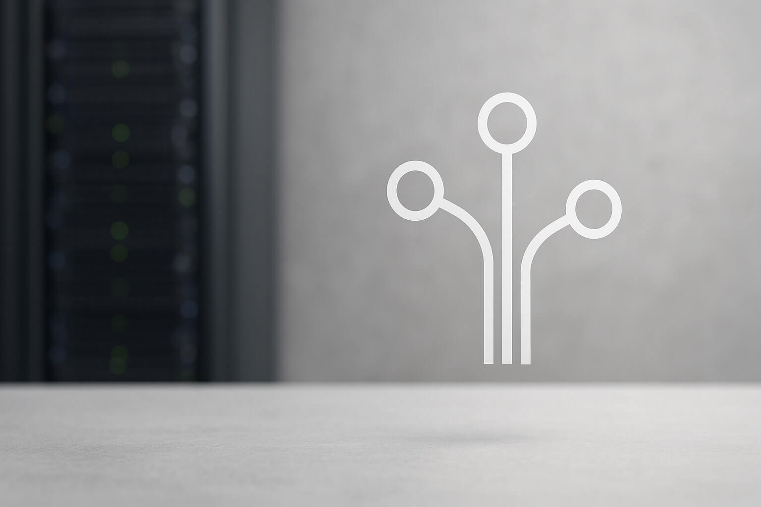 A white abstract circuit-like symbol floats above a gray surface, with a blurred server rack in the background.