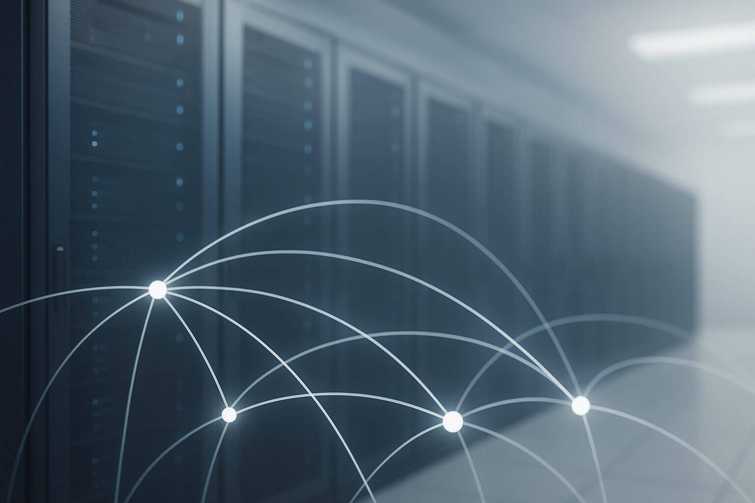 Rows of dark server racks with overlaid white lines and glowing points forming a network pattern.