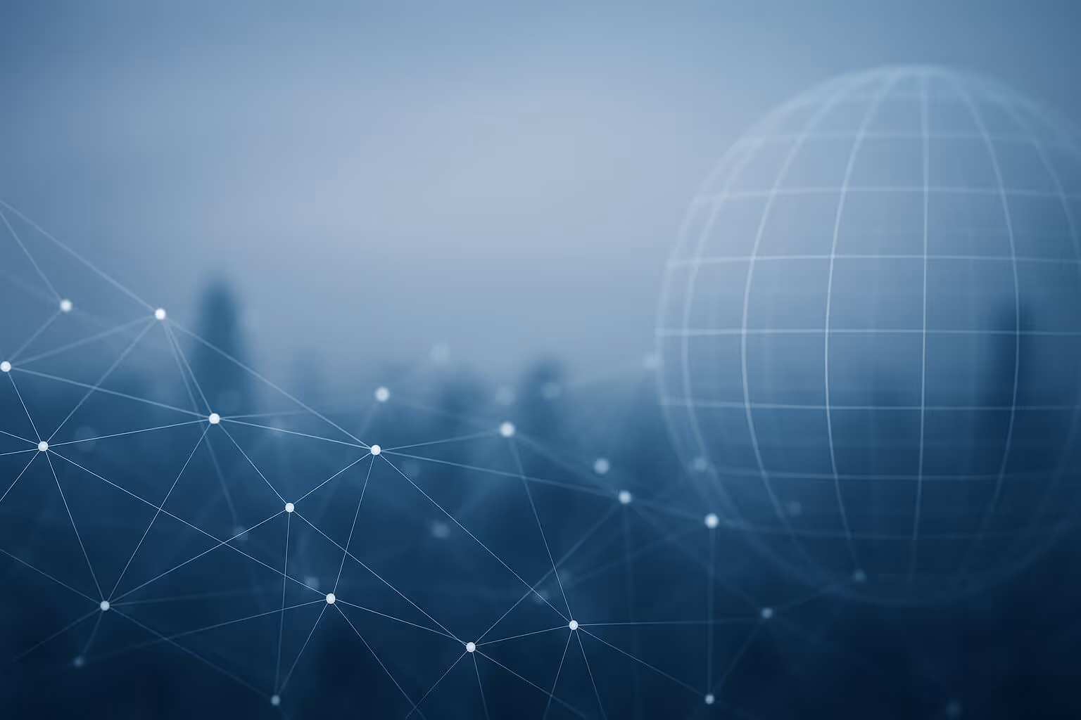 A translucent sphere with grid lines appears over a faint city skyline, with white connected dots forming a network.