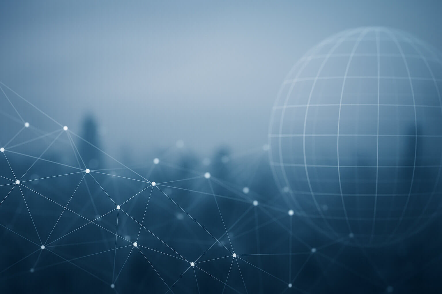 A translucent sphere with grid lines appears over a faint city skyline, with white connected dots forming a network.