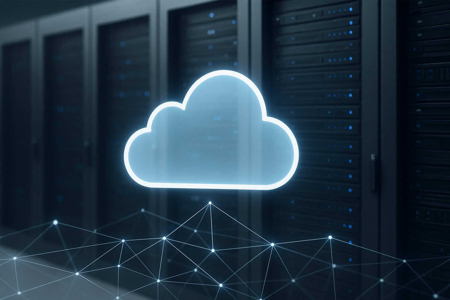 A glowing cloud icon is overlaid on a row of dark server racks with a geometric network pattern in the foreground.