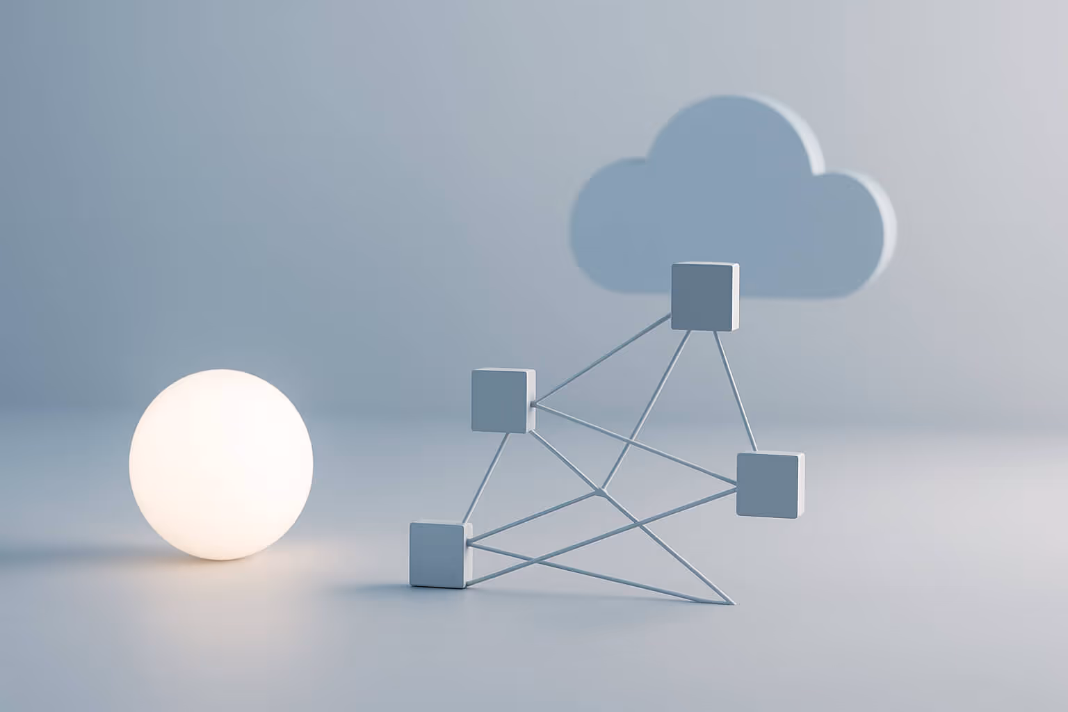 A glowing sphere, a geometric structure of connected cubes, and a cloud shape on a plain light background.