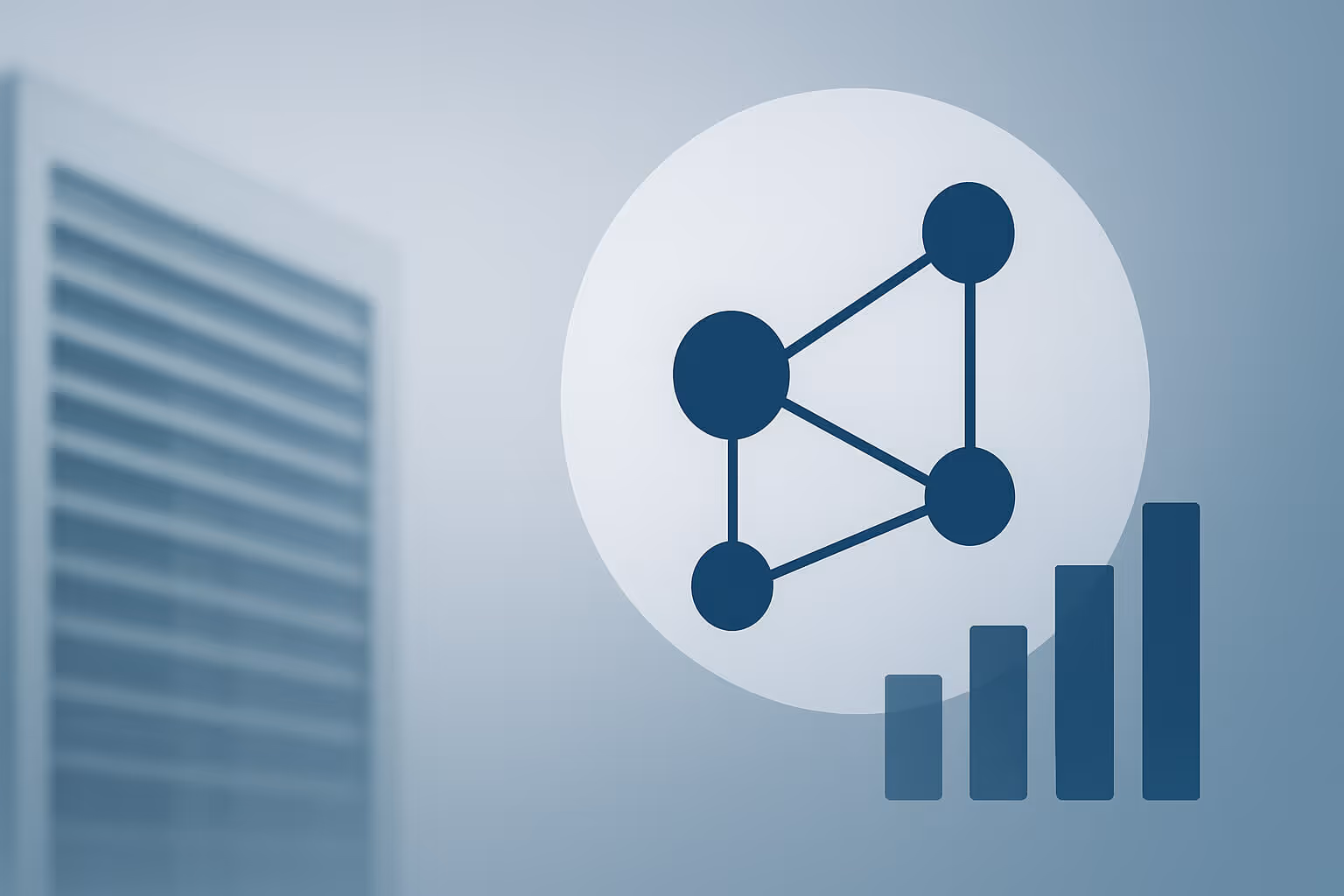 A blue network diagram and bar chart icon are overlaid on a blurred background with horizontal lines.