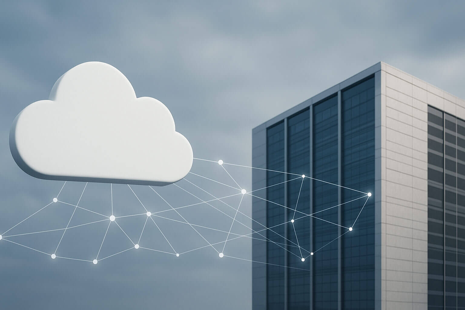 A large white cloud icon appears next to a modern glass building with connected lines and dots overlayed.