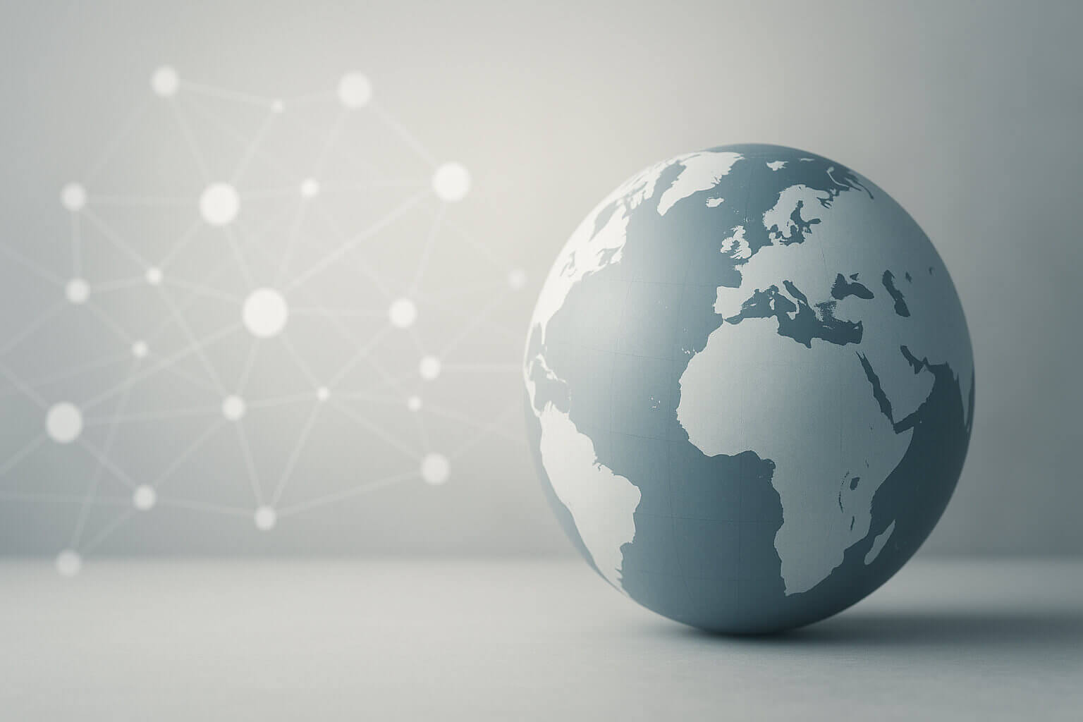 A light blue and white globe sits on a neutral surface, with faint network lines and dots in the background.