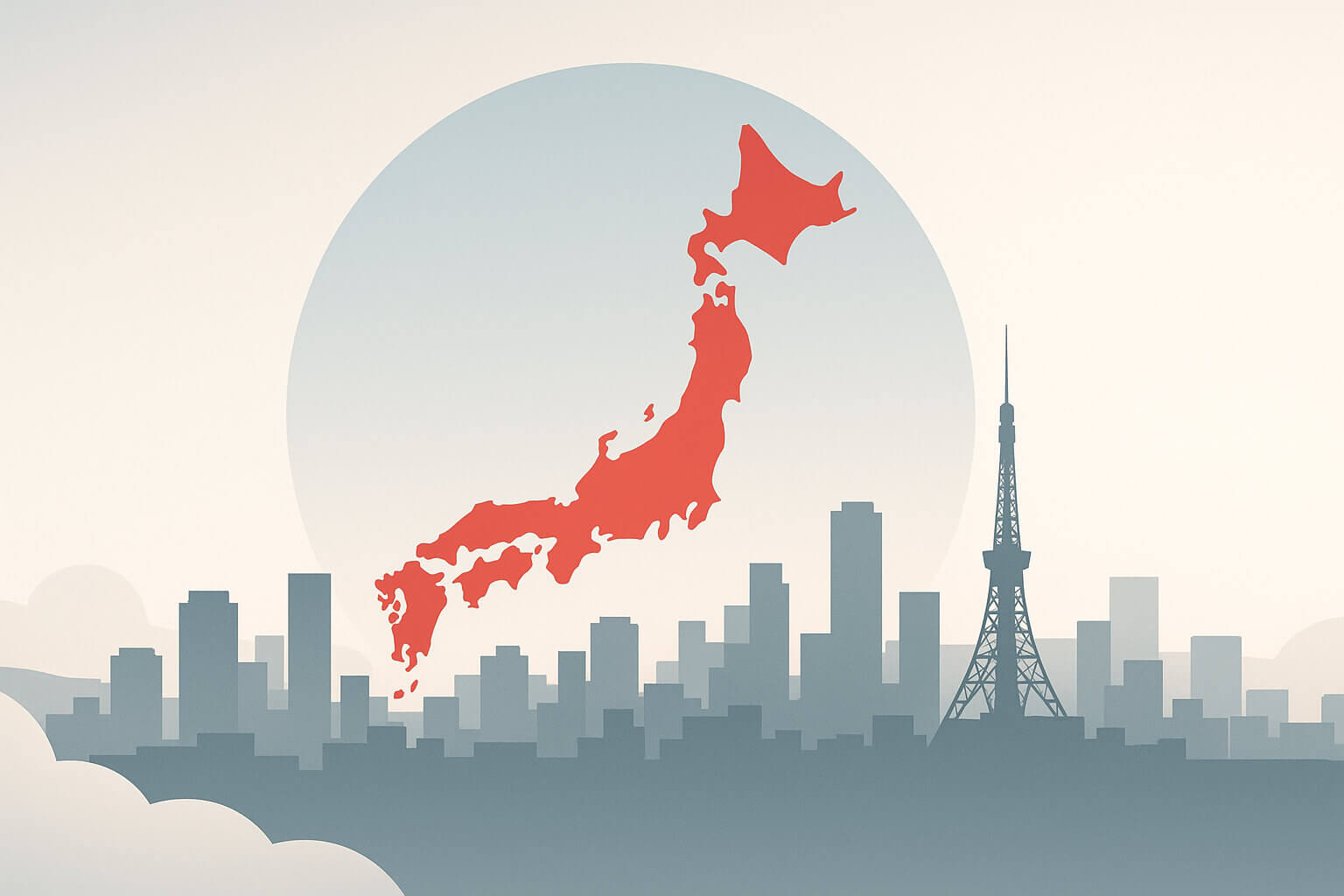 A red map of Japan is shown above a gray city skyline with a prominent tower in the foreground.