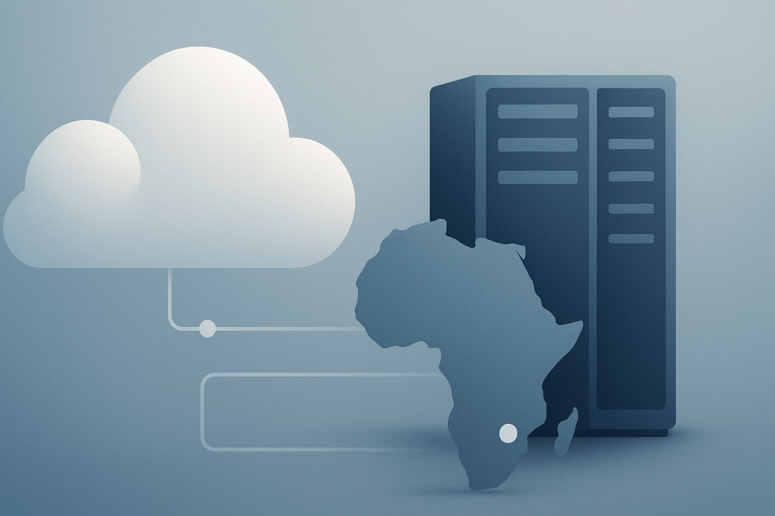 A cloud icon and server cabinet are connected by lines to a shaded map of Africa with a white dot.