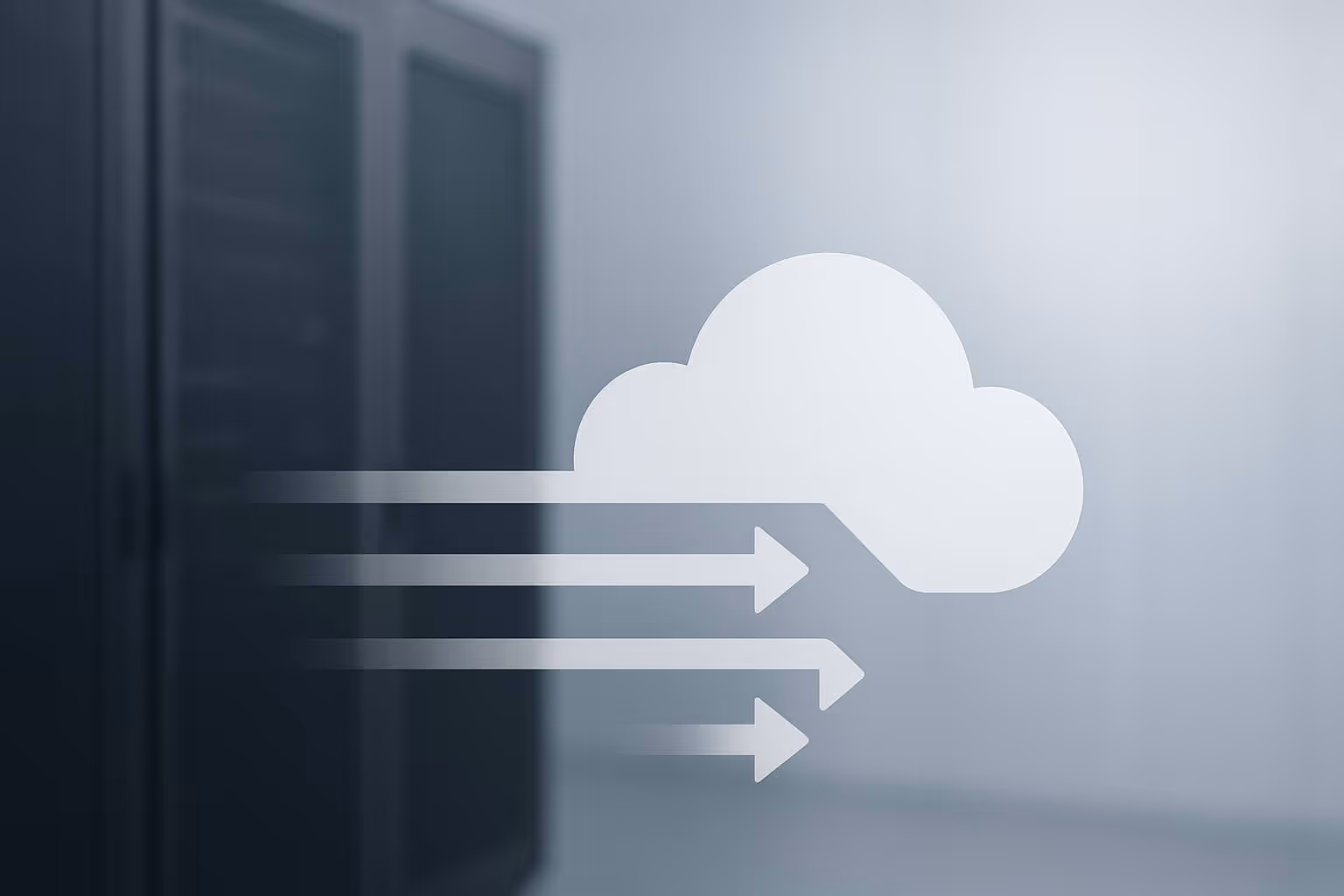 A white cloud icon with three arrows is overlaid on a blurred background with dark server racks.