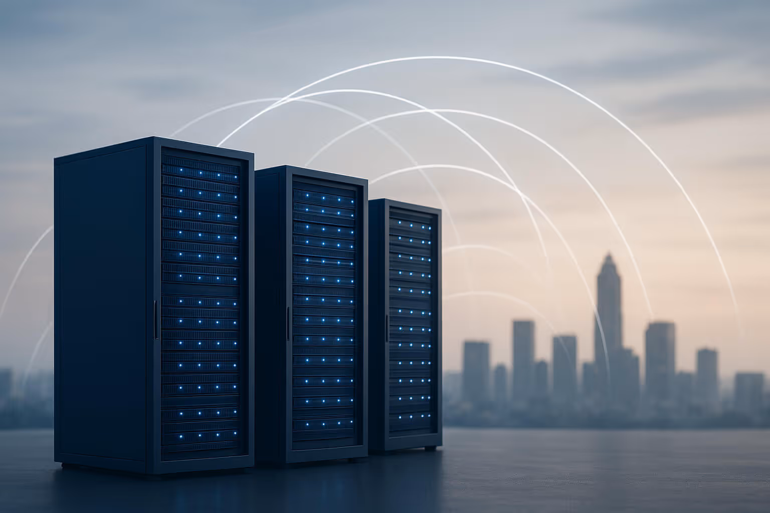 Three server racks with blue lights stand in front of a blurred city skyline and curved light trails.