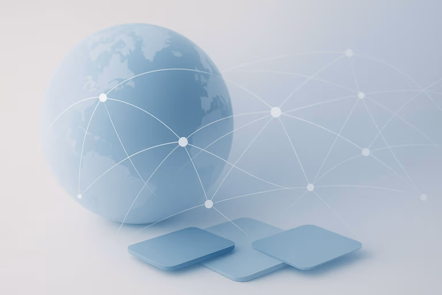 A light blue globe with white connecting lines and nodes, alongside three overlapping blue rectangles.