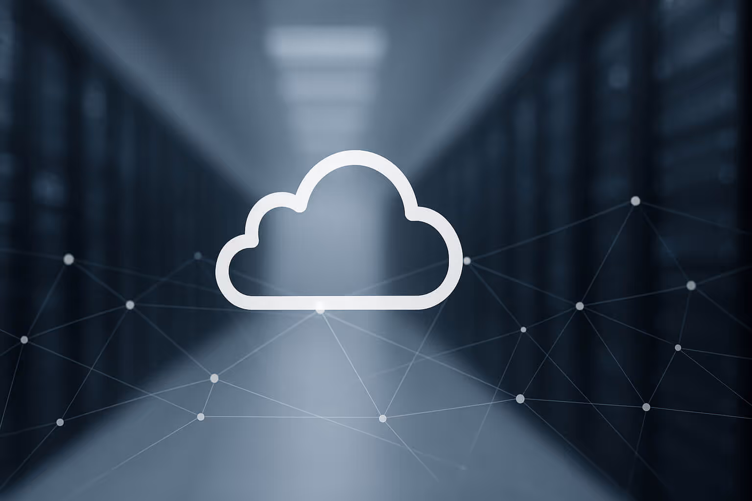 A white cloud icon is centered over a blurred hallway with dark server racks and a faint network of connecting lines.