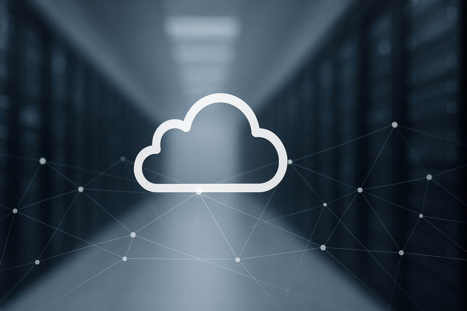 A white cloud icon is centered over a blurred hallway with dark server racks and a faint network of connecting lines.