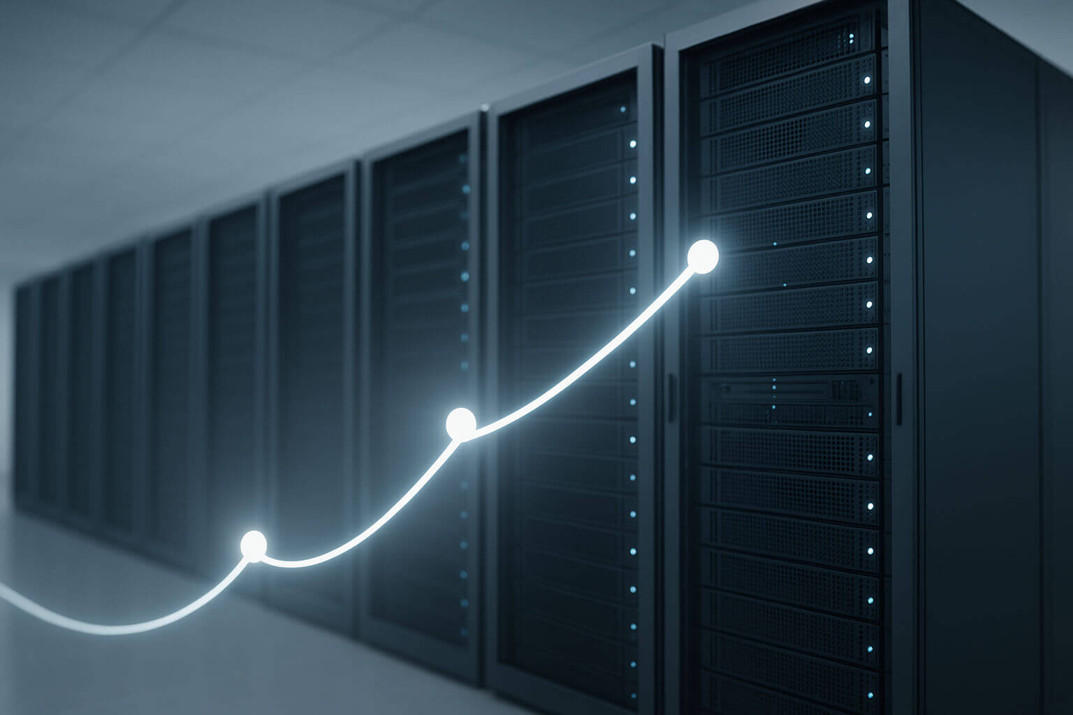 Rows of server racks with illuminated indicator lights and a glowing upward line with points in the foreground.
