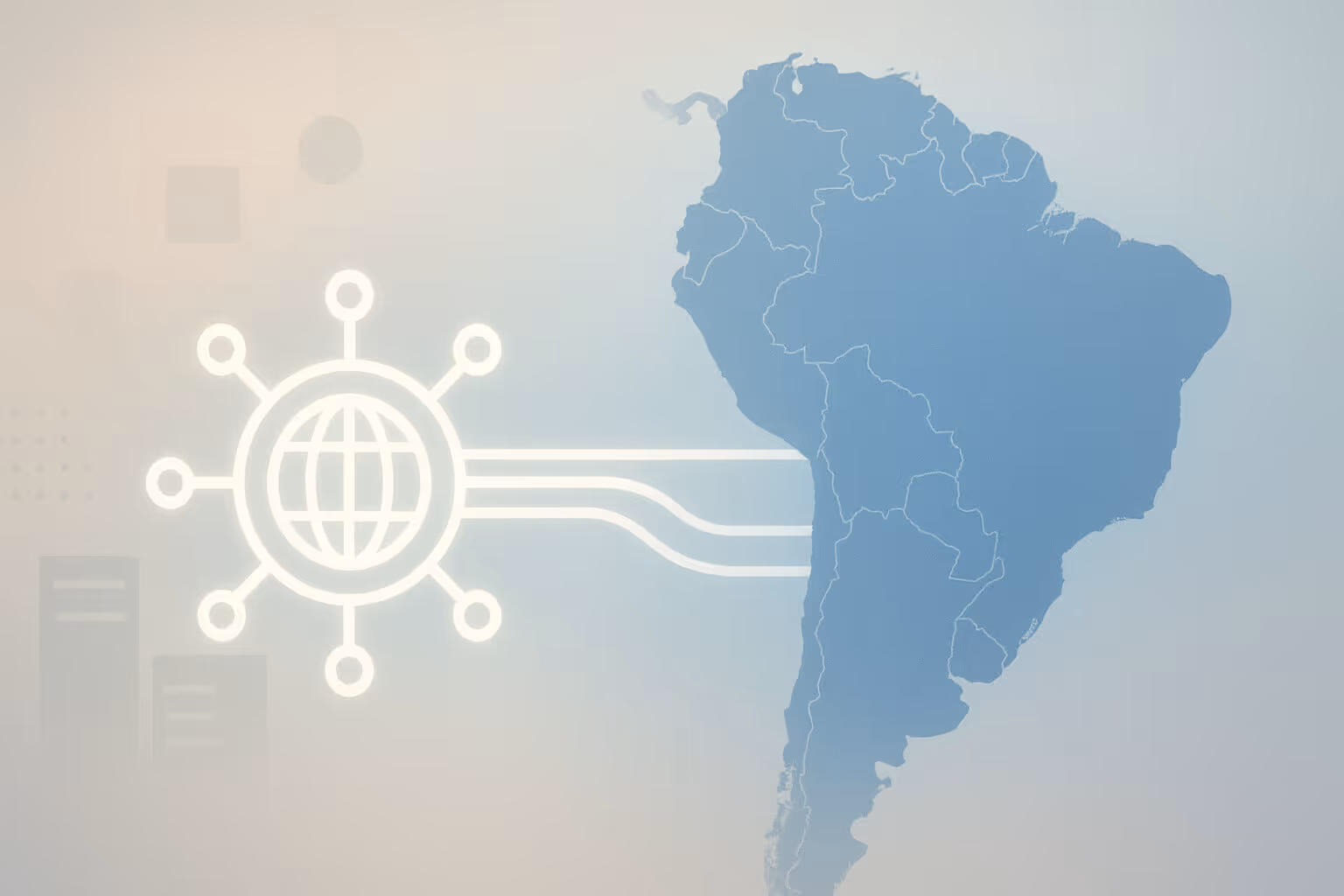 A blue map of South America next to a white network icon with lines connecting to the continent.