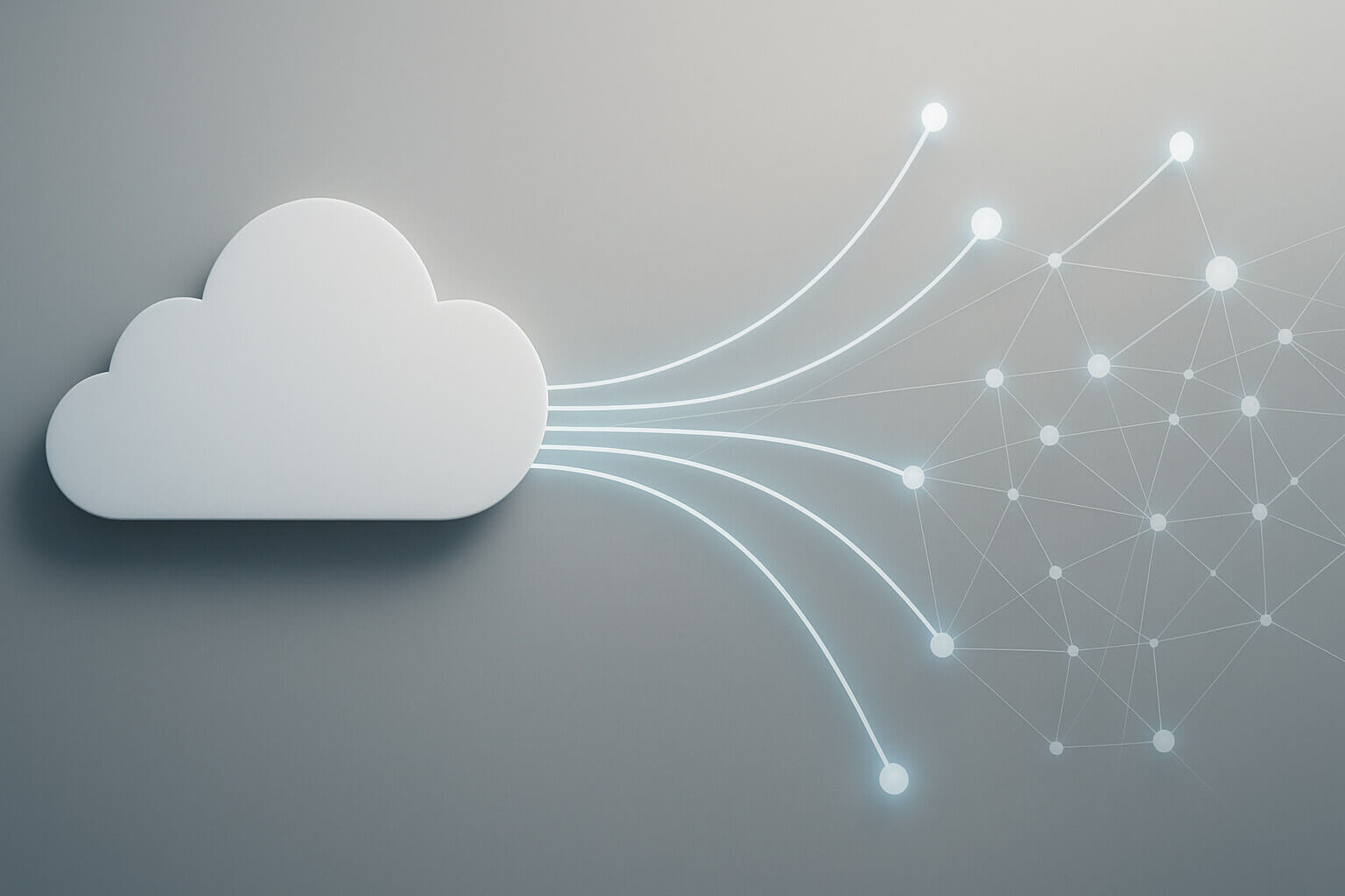 A white cloud shape on the left with glowing lines connecting to a network of nodes on the right.