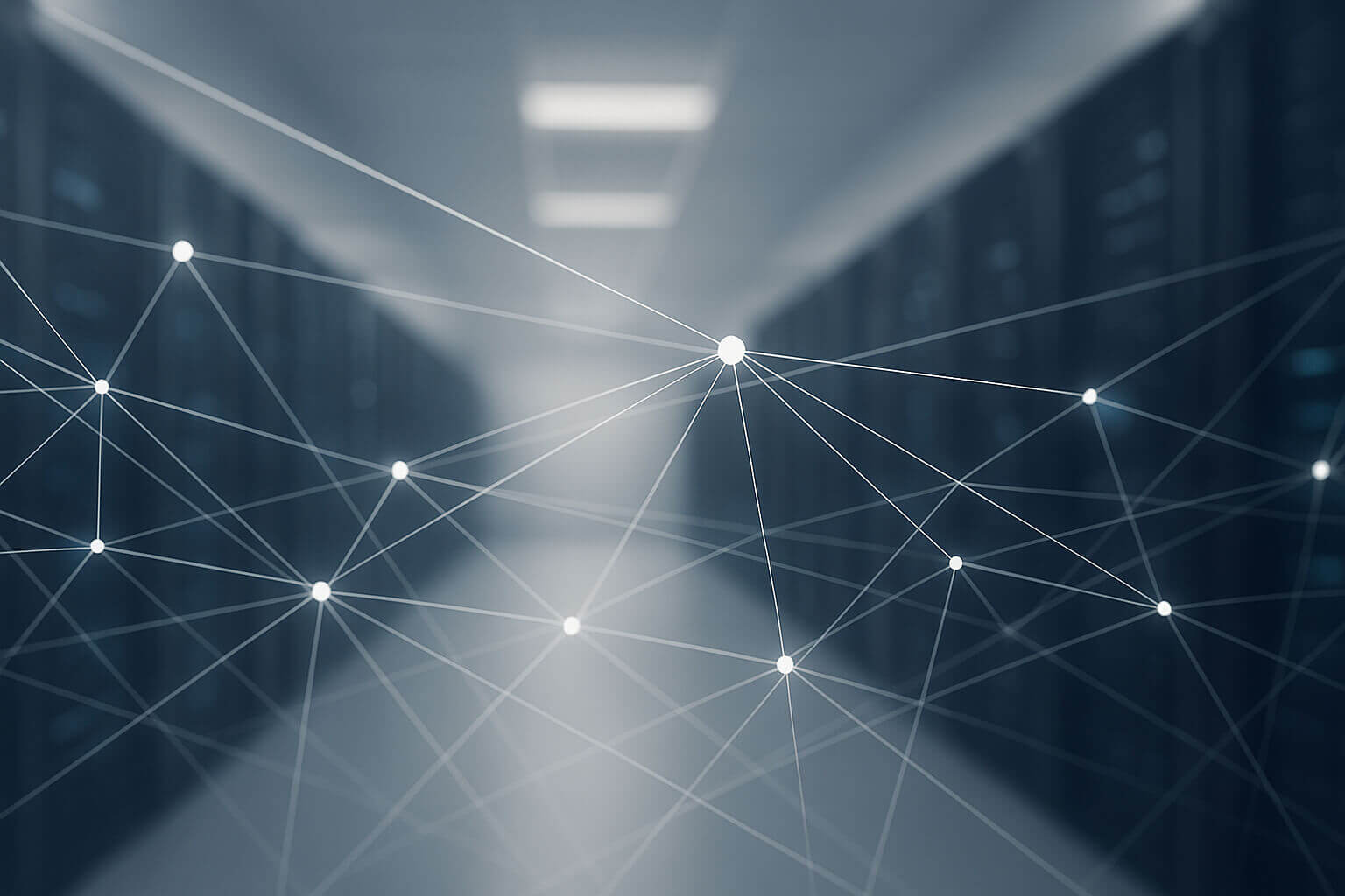 Rows of server racks in a hallway with superimposed glowing lines and dots forming a network pattern.