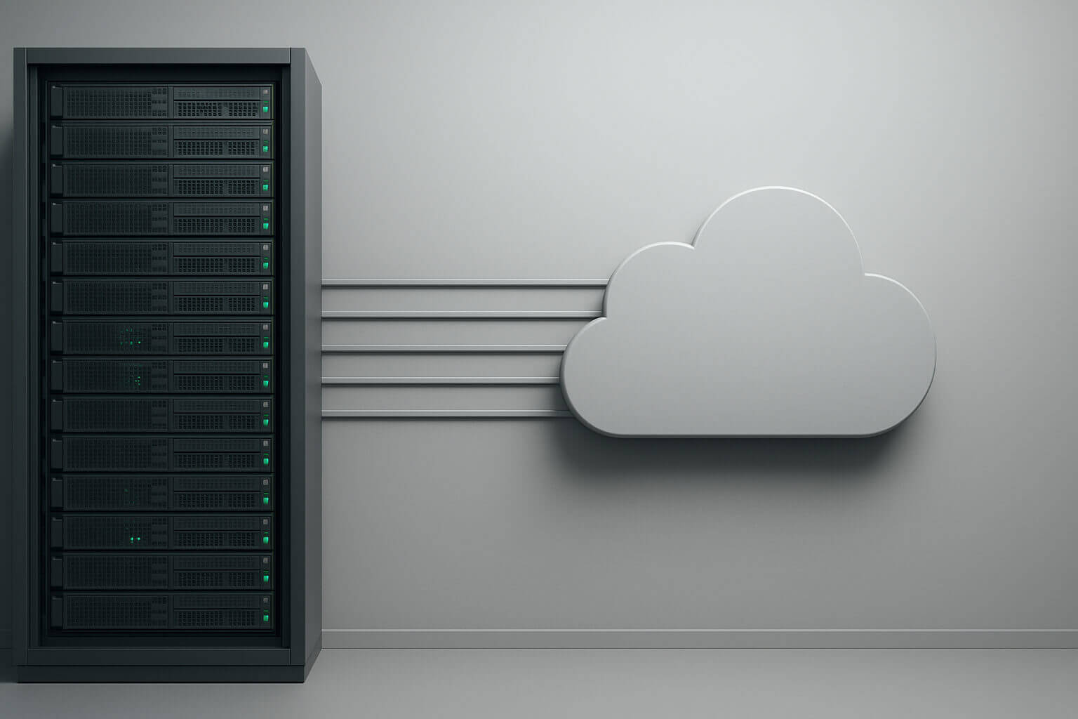 A server rack with green indicator lights is connected by horizontal lines to a large cloud-shaped object on the wall.