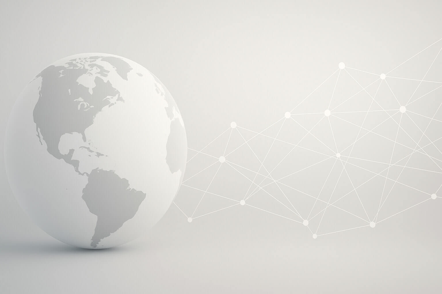 A light gray globe showing the Americas sits beside a geometric network of connected white dots on a pale background.