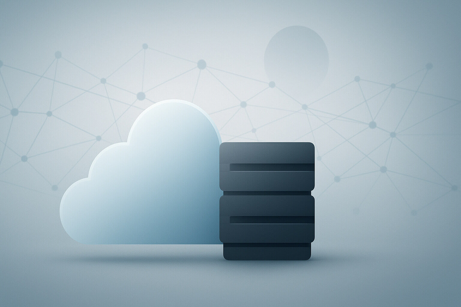 A stylized cloud and three stacked black rectangles appear in front of a faint network pattern on a pale background.