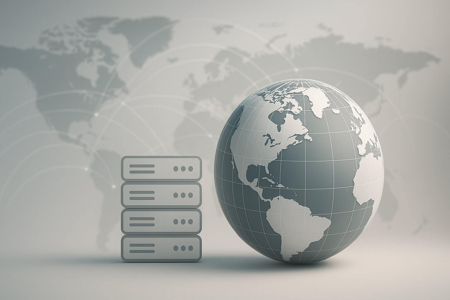 A stack of server icons next to a globe with a faint world map and network lines in the background.
