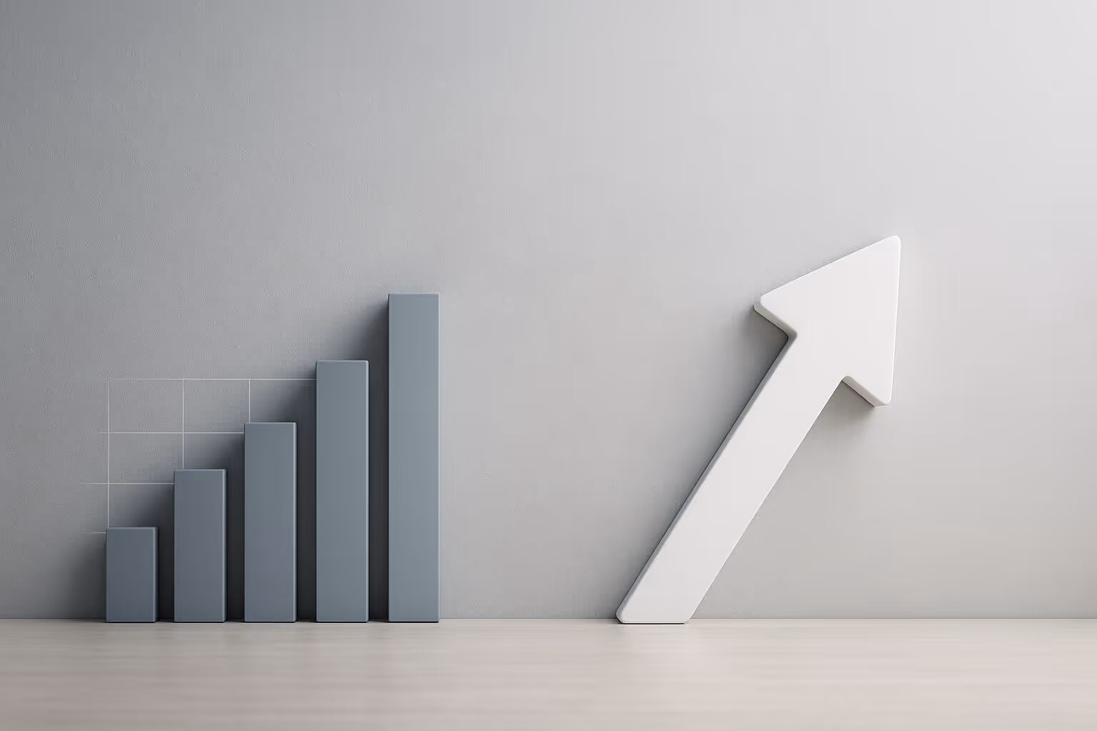 Five vertical bars of increasing height stand beside a large upward-pointing arrow on a light background.