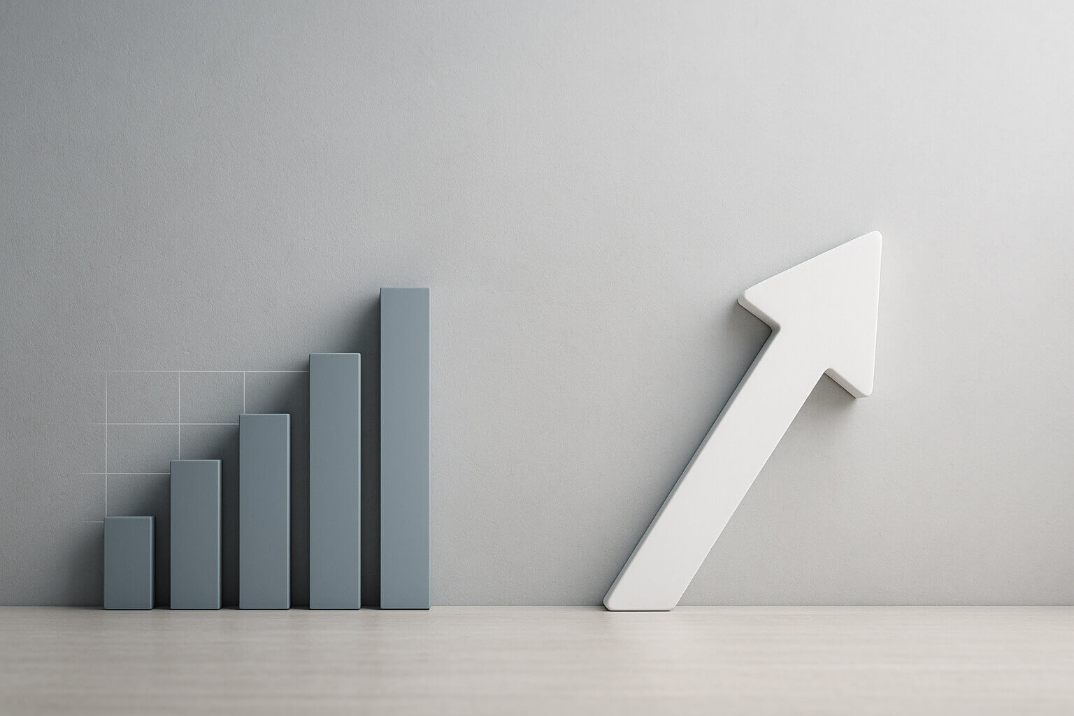 Five vertical bars of increasing height stand beside a large upward-pointing arrow on a light background.