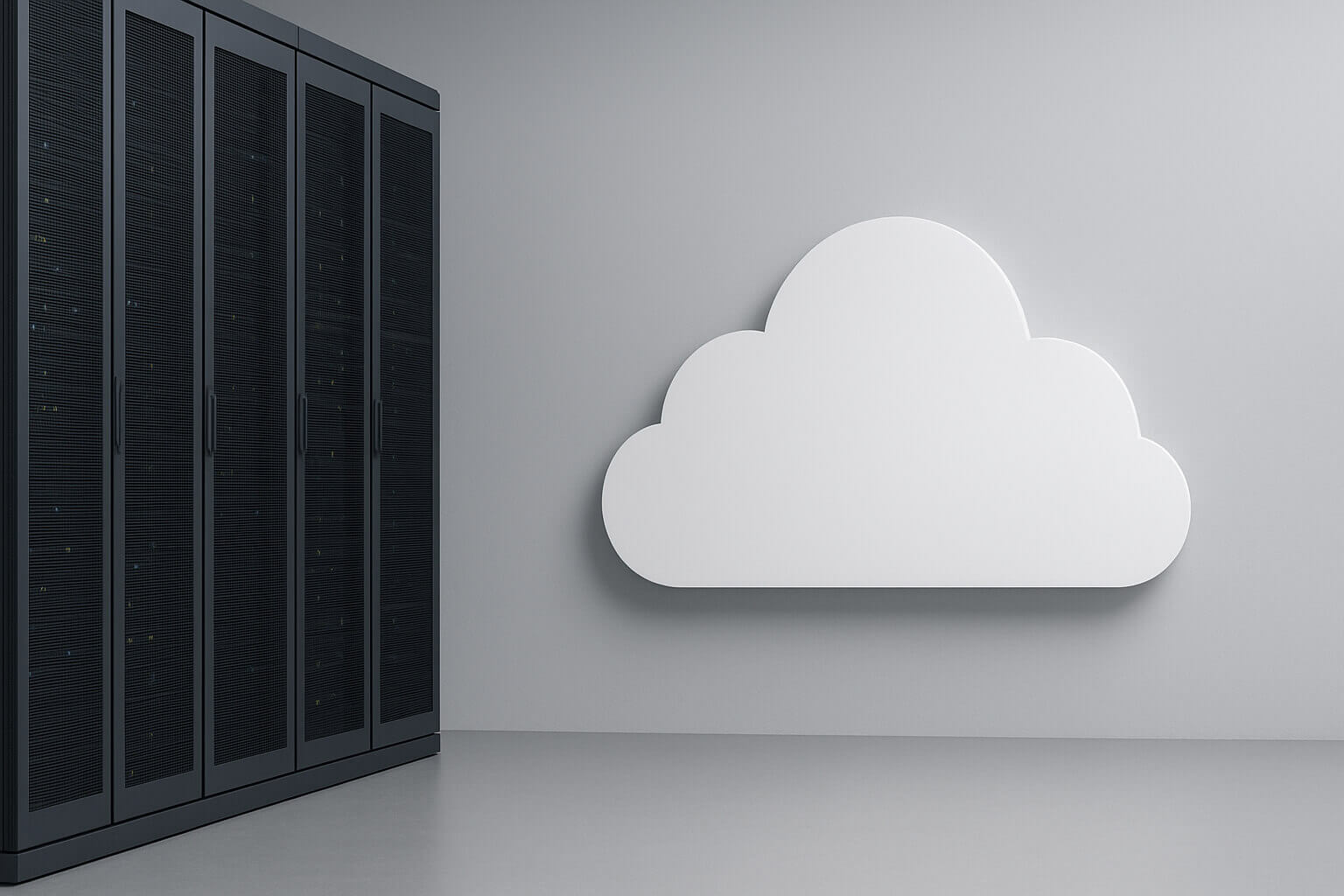 Several tall black server racks stand next to a large white cloud shape mounted on a gray wall.