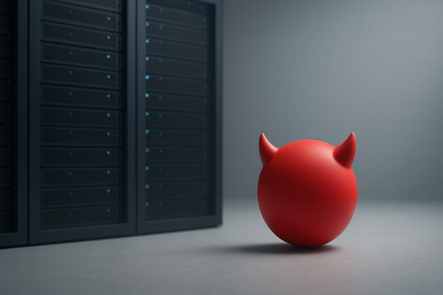 A red sphere with two horns sits on the floor next to tall black server racks.
