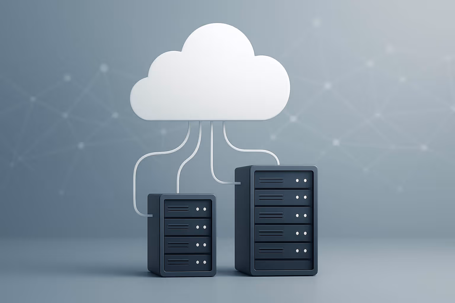 A white cloud icon is connected by lines to two dark server icons of different sizes on a gray background.