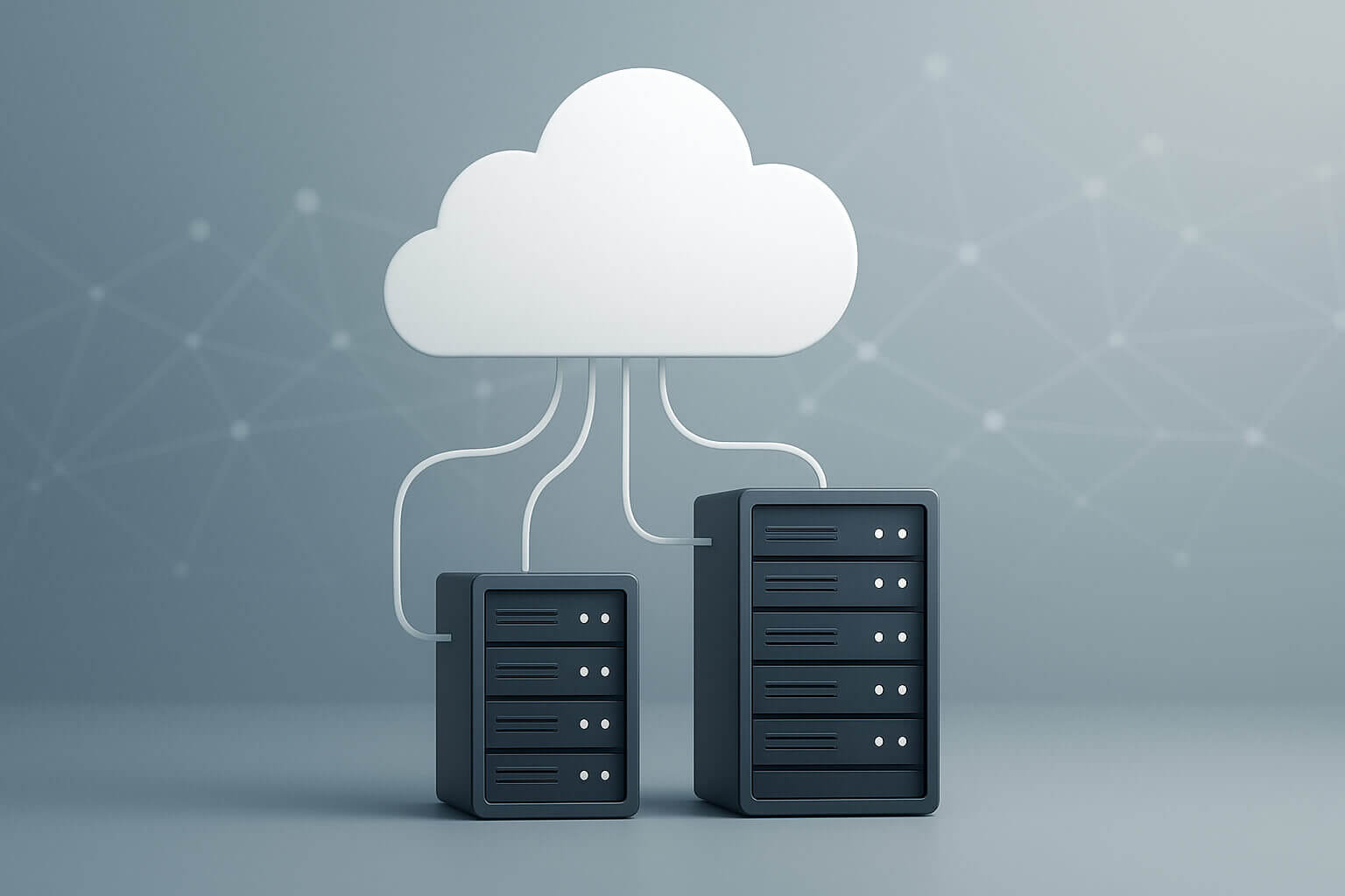 A white cloud icon is connected by lines to two dark server icons of different sizes on a gray background.