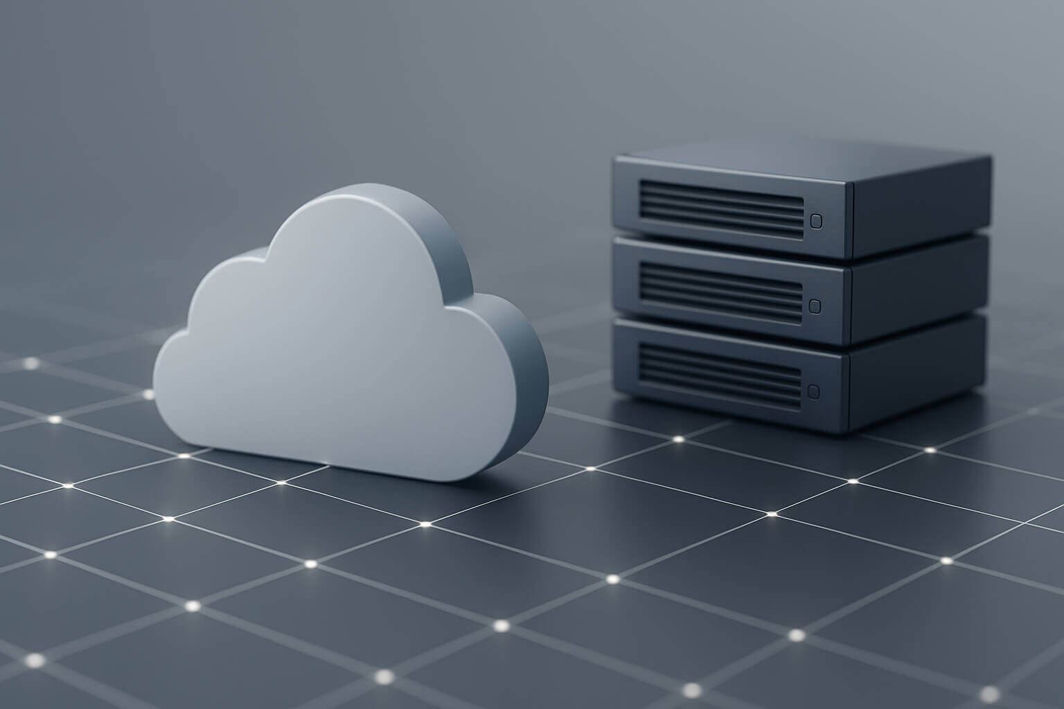 A metallic cloud shape stands next to three stacked rectangular server units on a grid surface with glowing points.