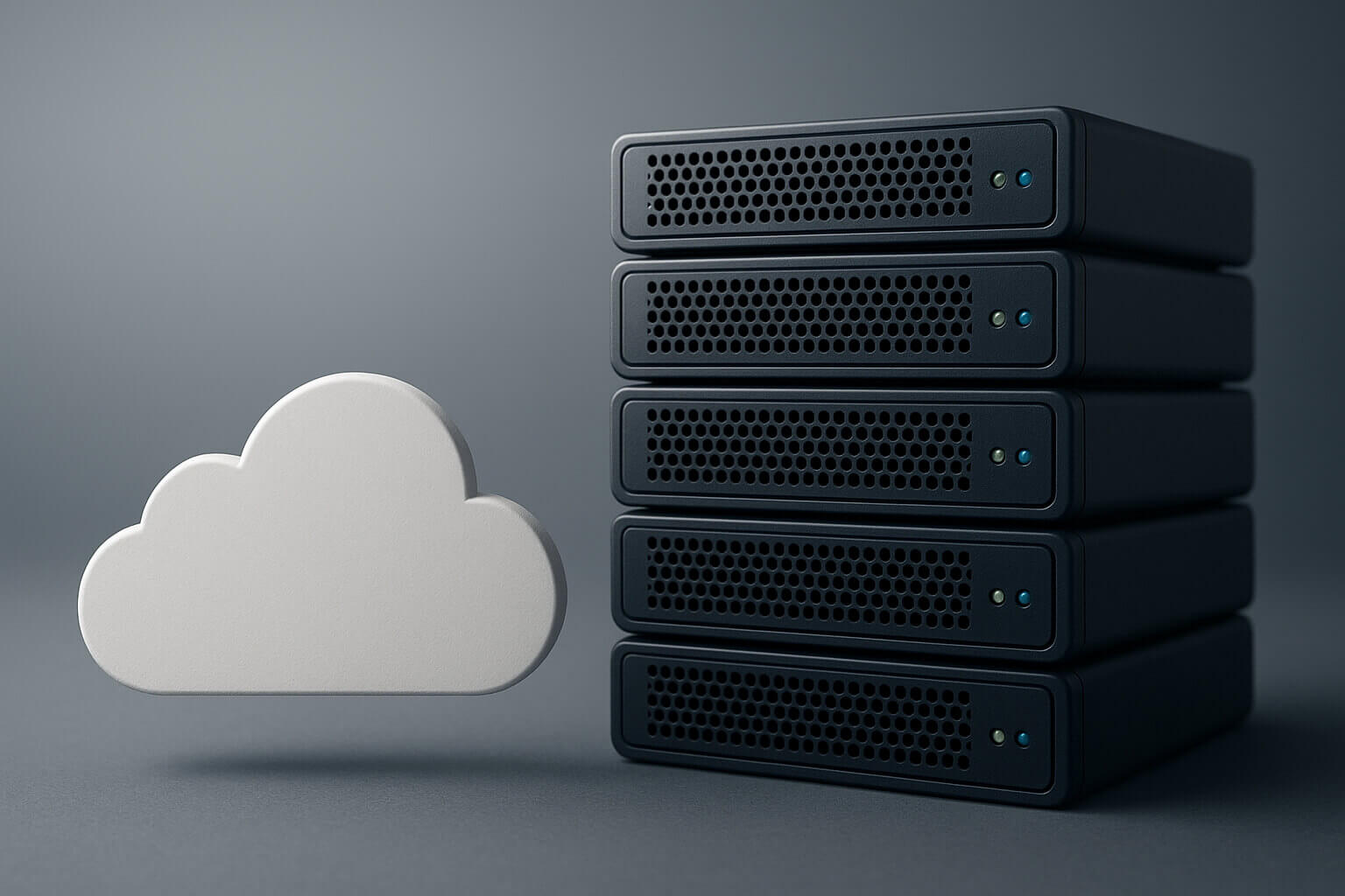 A white cloud shape is positioned beside a stack of four black server units with indicator lights.