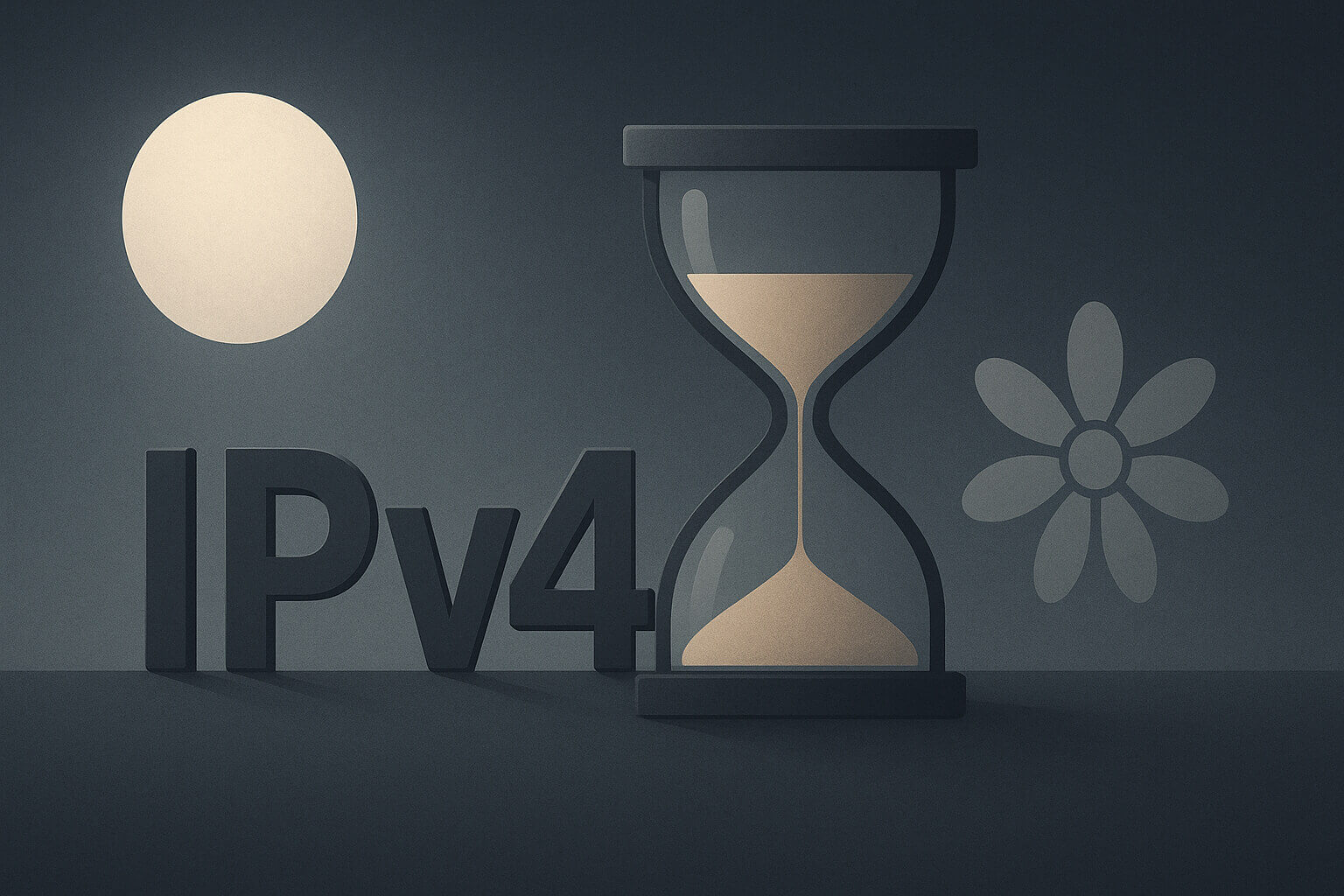 Large “IPv4” text next to a sand hourglass, a solid circle, and a simple flower shape on a dark background.