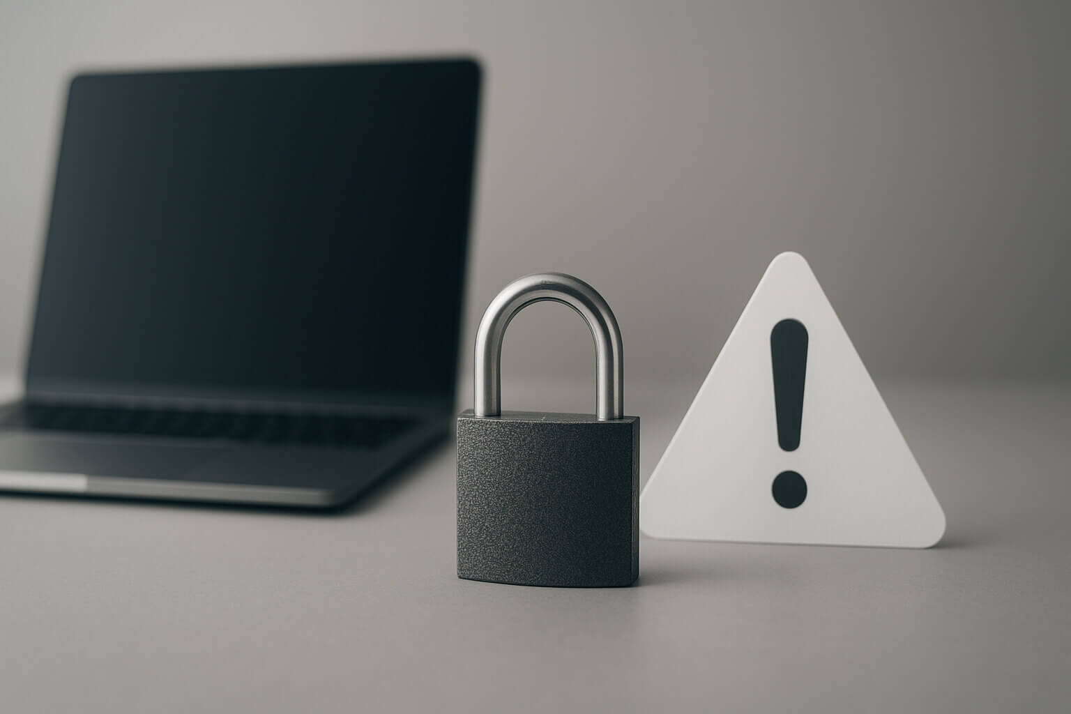 A closed padlock and a triangular sign with an exclamation mark sit in front of a blurred laptop.